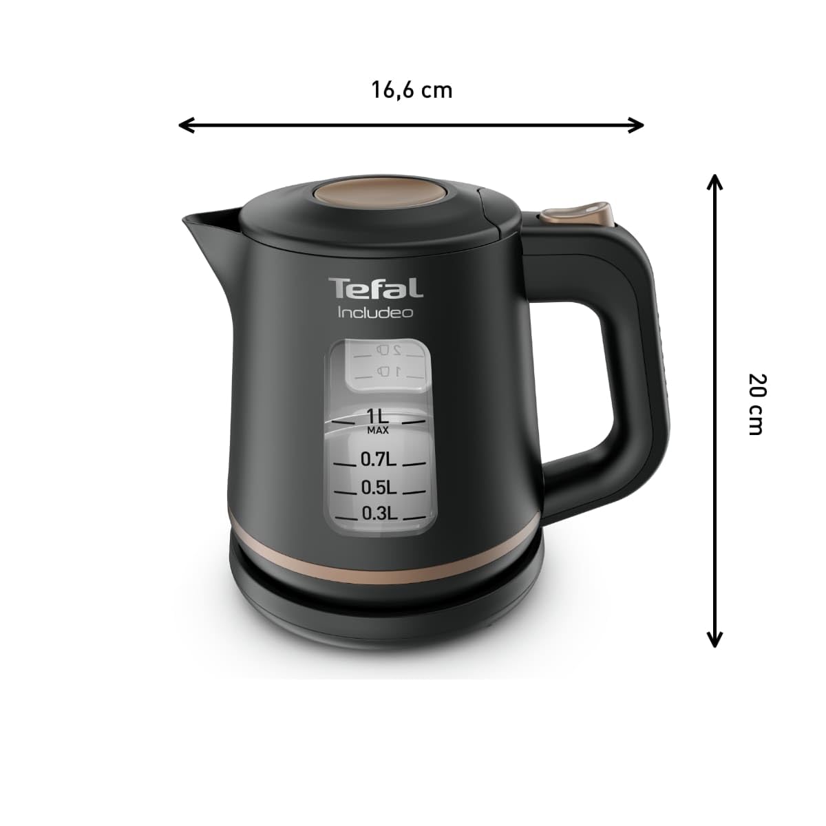 Tefal KI5338 Includeo Wasserkocher, Fassungsvermögen 1 L, Anti-Rutsch-Griff, einfach abzulesende Wasserstandsanzeige, 360°-Drehsockel, herausnehmbarer Filter, 2400 W, 23.3 x 16.6 x 20 cm
