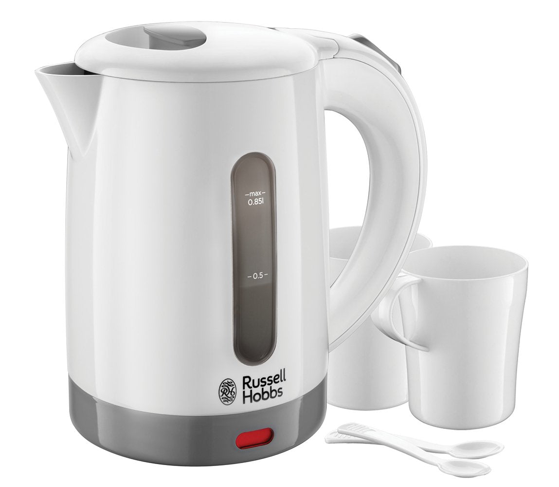 Russell Hobbs Wasserkocher klein [0,85l Reisewasserkocher mit weltweiter Spannungsanpassung] Travel (1000W, inkl. 2 Tassen & 2 Teelöffel, optimierte Ausgusstülle, kompakter kleiner Teekocher) 23840-70