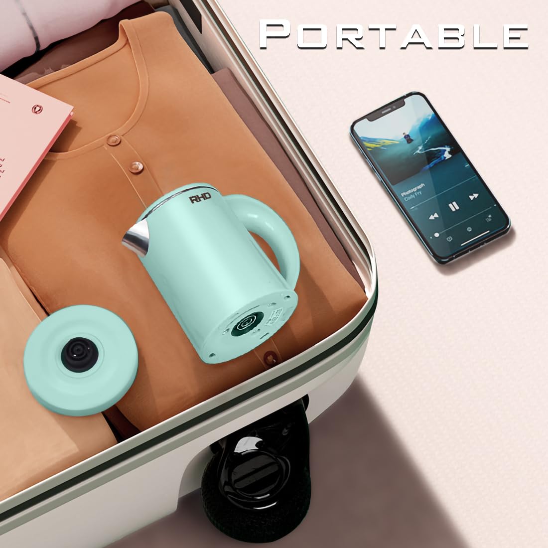 Reisewasserkocher 500ML Wasserkocher Klein, Edelstahl-Teekanne, Sockel mit Aufbewahrungsfunktion für das Netzkabel, Mini Camping Wasserkocher mit 600W für Reisen Camping Wohnwagen oder Unterwegs(Grün)