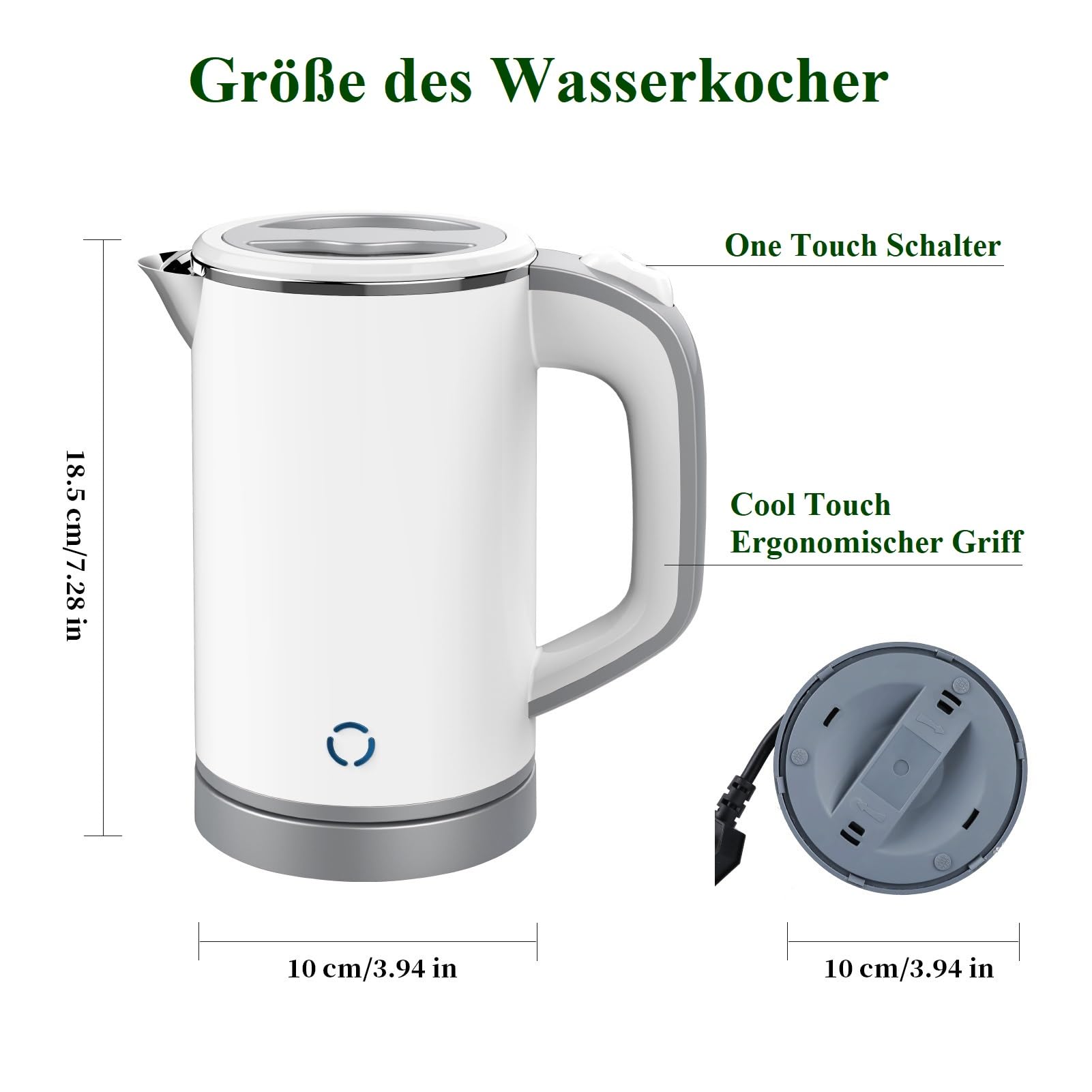 MiliPow 800ML Reisewasserkocher, 5 Minuten schnelles Kochen, Mini Camping Wasserkocher, Reise Wasserkocher, Leise, Teekanne aus Edelstahl (Weiß)