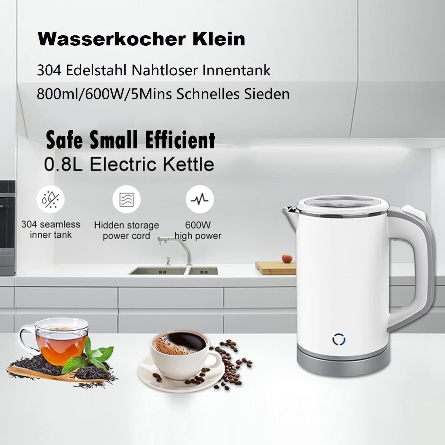 MiliPow 800ML Reisewasserkocher, 5 Minuten schnelles Kochen, Mini Camping Wasserkocher, Reise Wasserkocher, Leise, Teekanne aus Edelstahl (Weiß)