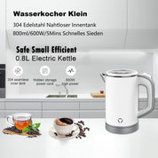 MiliPow 800ML Reisewasserkocher, 5 Minuten schnelles Kochen, Mini Camping Wasserkocher, Reise Wasserkocher, Leise, Teekanne aus Edelstahl (Weiß)
