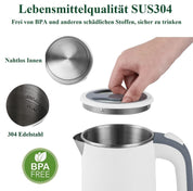 MiliPow 800ML Reisewasserkocher, 5 Minuten schnelles Kochen, Mini Camping Wasserkocher, Reise Wasserkocher, Leise, Teekanne aus Edelstahl (Weiß)