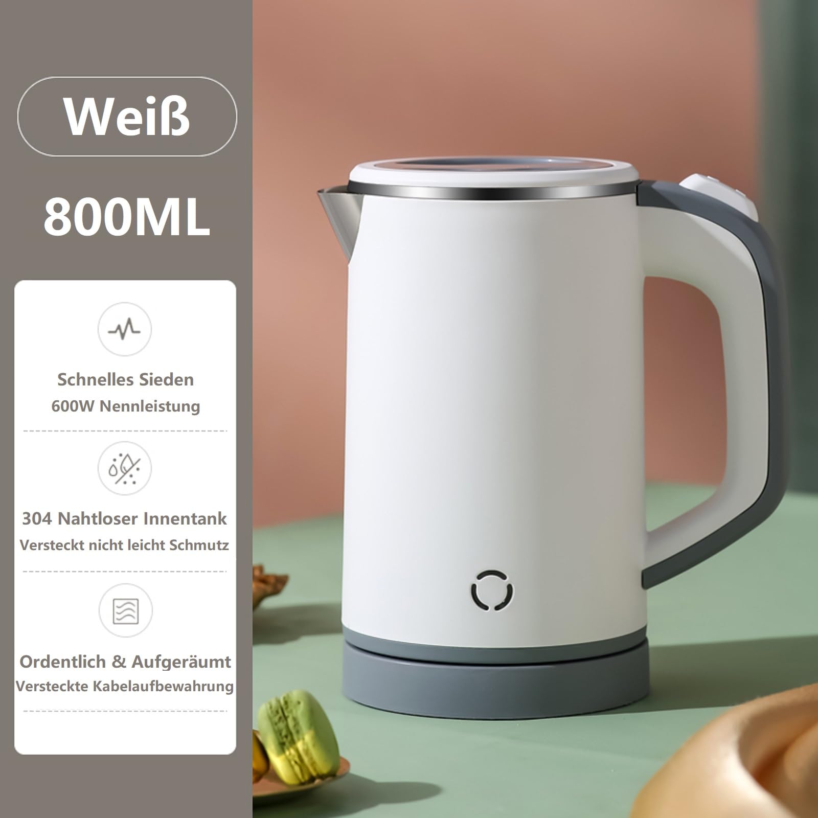 MiliPow 800ML Reisewasserkocher, 5 Minuten schnelles Kochen, Mini Camping Wasserkocher, Reise Wasserkocher, Leise, Teekanne aus Edelstahl (Weiß)
