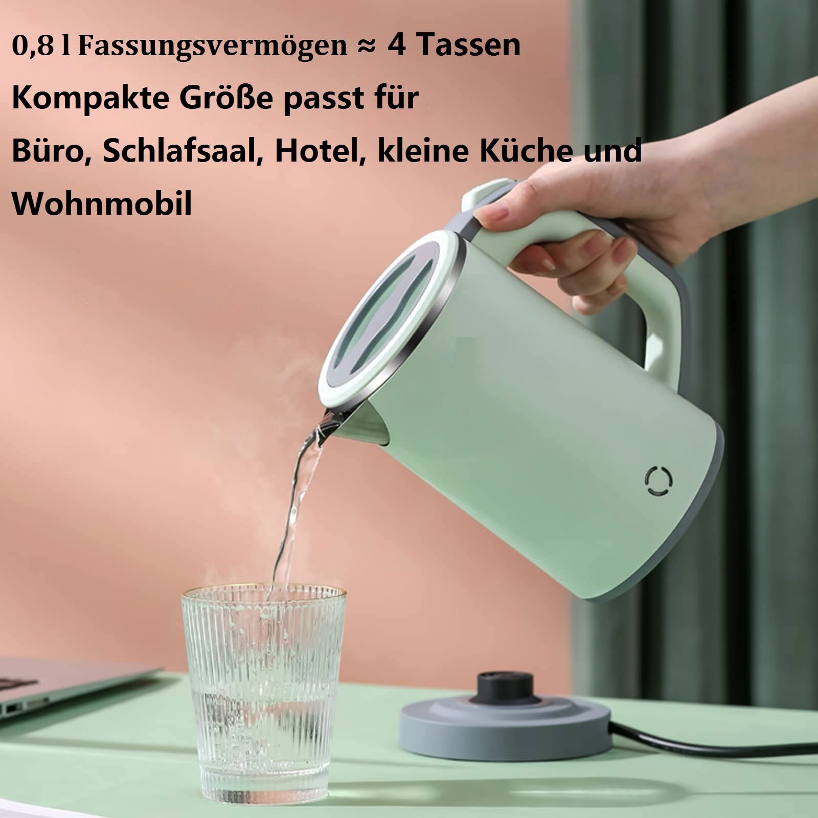 Wasserkocher Klein 800ML Reisewasserkocher, 5 Minuten schnelles Kochen Tragbarer Mini Camping Wasserkocher, Leise Reise Teekanne aus Edelstahl (Grün)