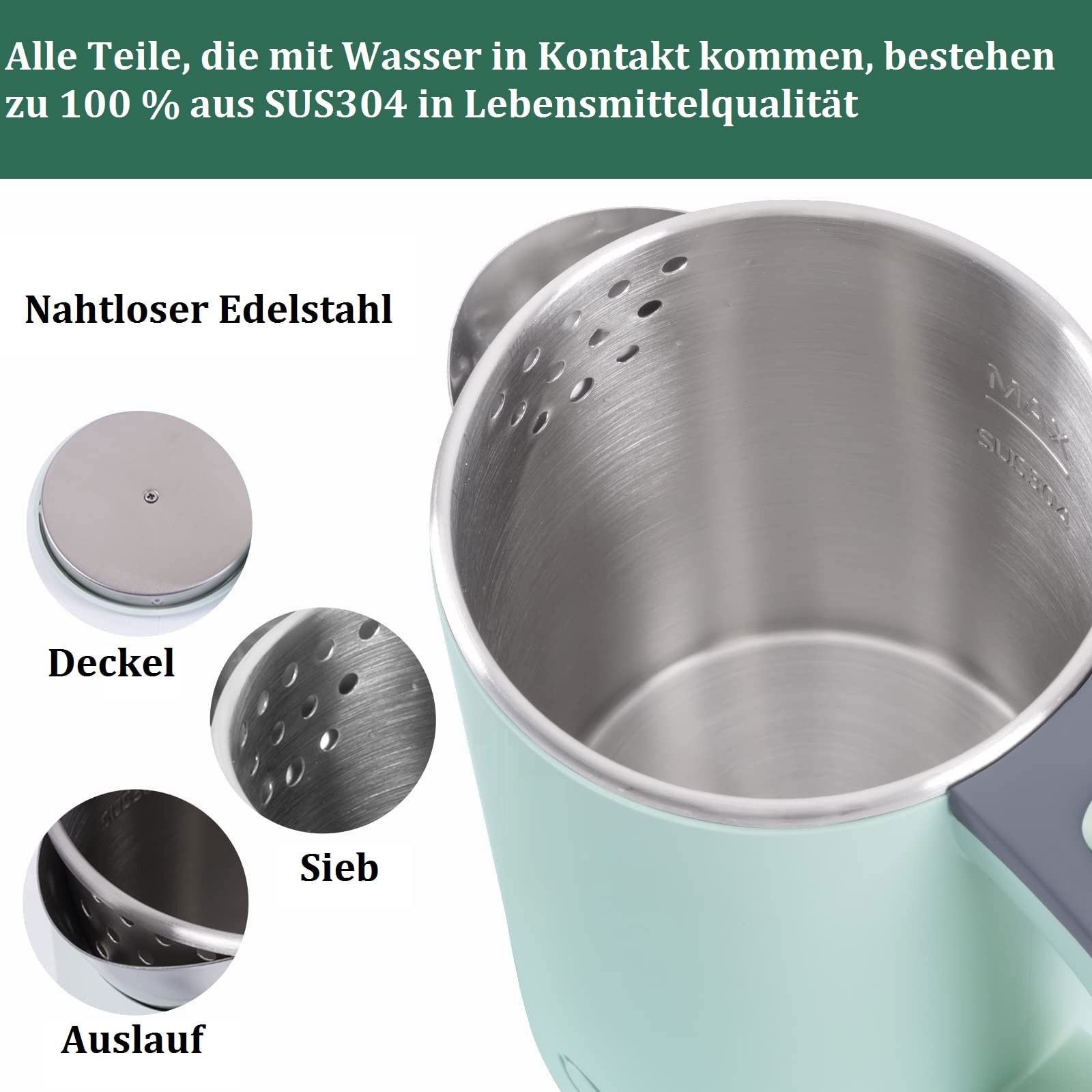 Wasserkocher Klein 800ML Reisewasserkocher, 5 Minuten schnelles Kochen Tragbarer Mini Camping Wasserkocher, Leise Reise Teekanne aus Edelstahl (Grün)