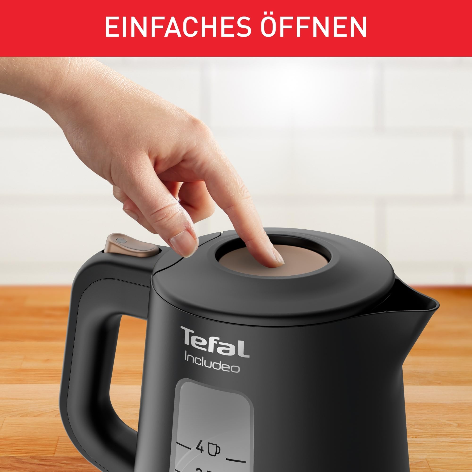 Tefal KI5338 Includeo Wasserkocher, Fassungsvermögen 1 L, Anti-Rutsch-Griff, einfach abzulesende Wasserstandsanzeige, 360°-Drehsockel, herausnehmbarer Filter, 2400 W, 23.3 x 16.6 x 20 cm