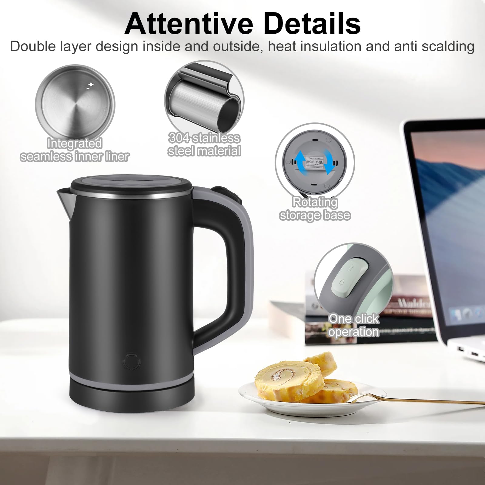 Towwoo 800ML Reisewasserkocher Klein, 600W 5 Minuten Schnelles Kochen Mini Edelstahl Wasserkocher, Überhitzungsschutz Leise Reise Mini Wasserkocher Elektrischer Kettle für Tee Kaffee Babymilch