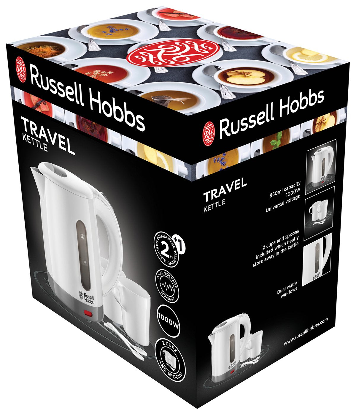 Russell Hobbs Wasserkocher klein [0,85l Reisewasserkocher mit weltweiter Spannungsanpassung] Travel (1000W, inkl. 2 Tassen & 2 Teelöffel, optimierte Ausgusstülle, kompakter kleiner Teekocher) 23840-70