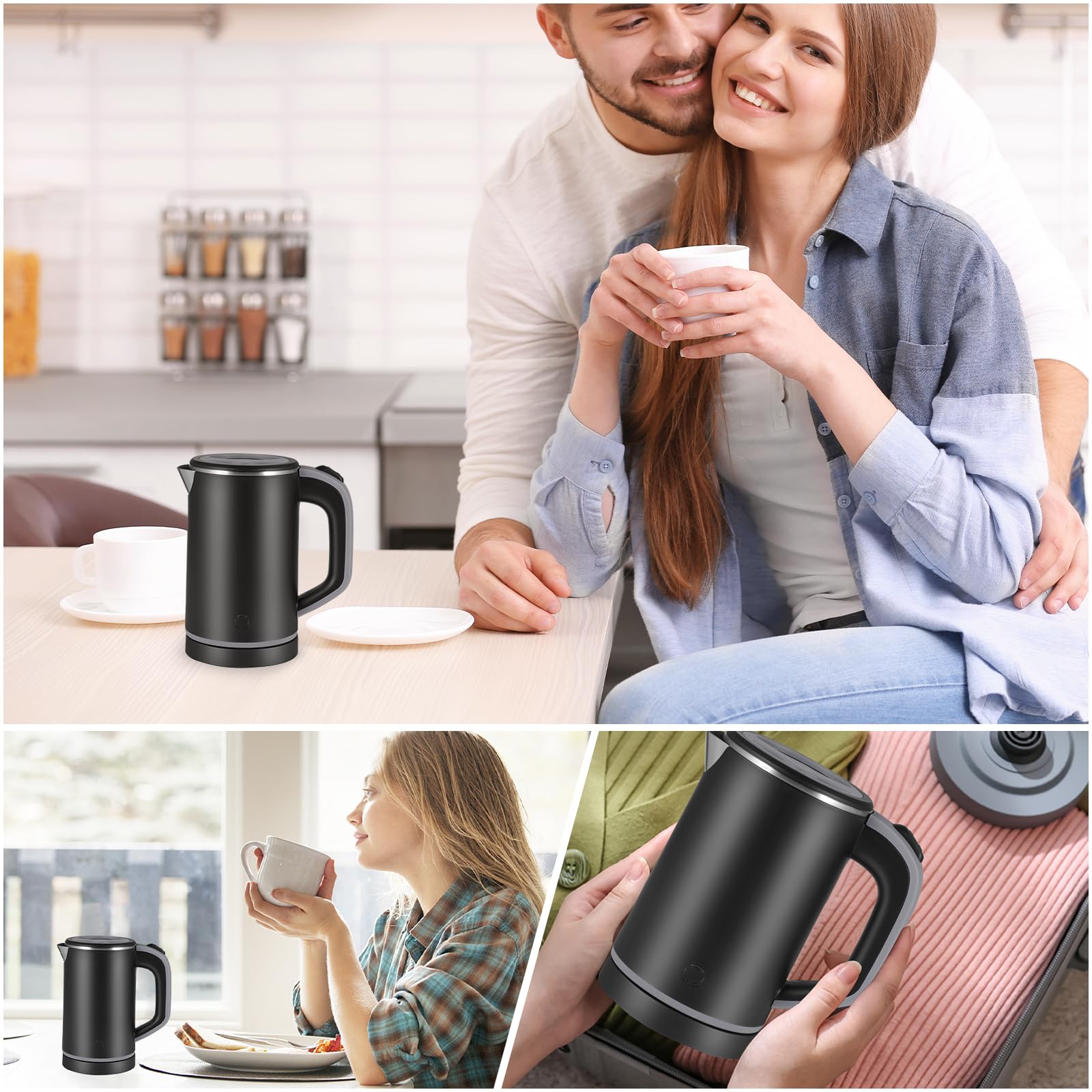 Towwoo 800ML Reisewasserkocher Klein, 600W 5 Minuten Schnelles Kochen Mini Edelstahl Wasserkocher, Überhitzungsschutz Leise Reise Mini Wasserkocher Elektrischer Kettle für Tee Kaffee Babymilch