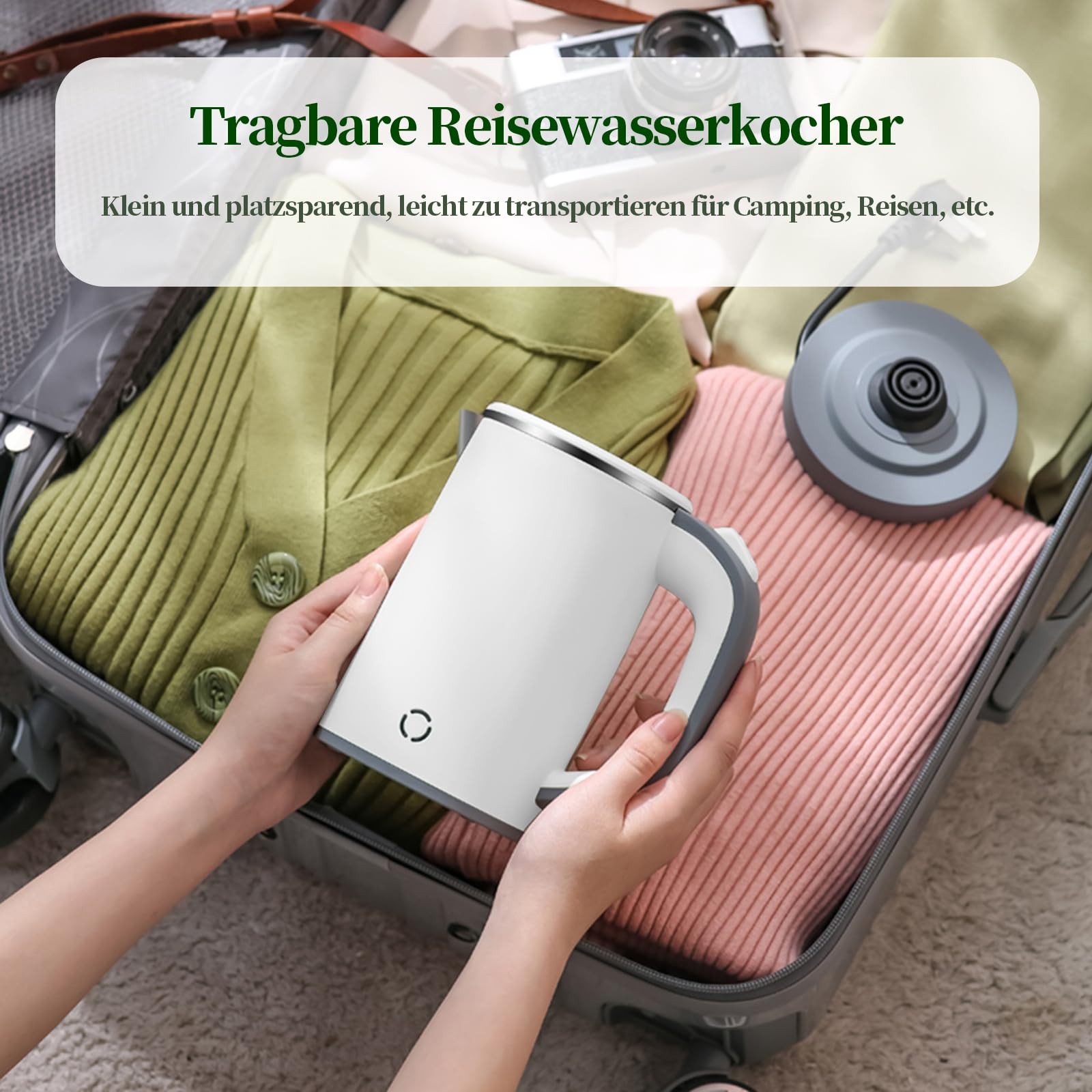 MiliPow 800ML Reisewasserkocher, 5 Minuten schnelles Kochen, Mini Camping Wasserkocher, Reise Wasserkocher, Leise, Teekanne aus Edelstahl (Weiß)