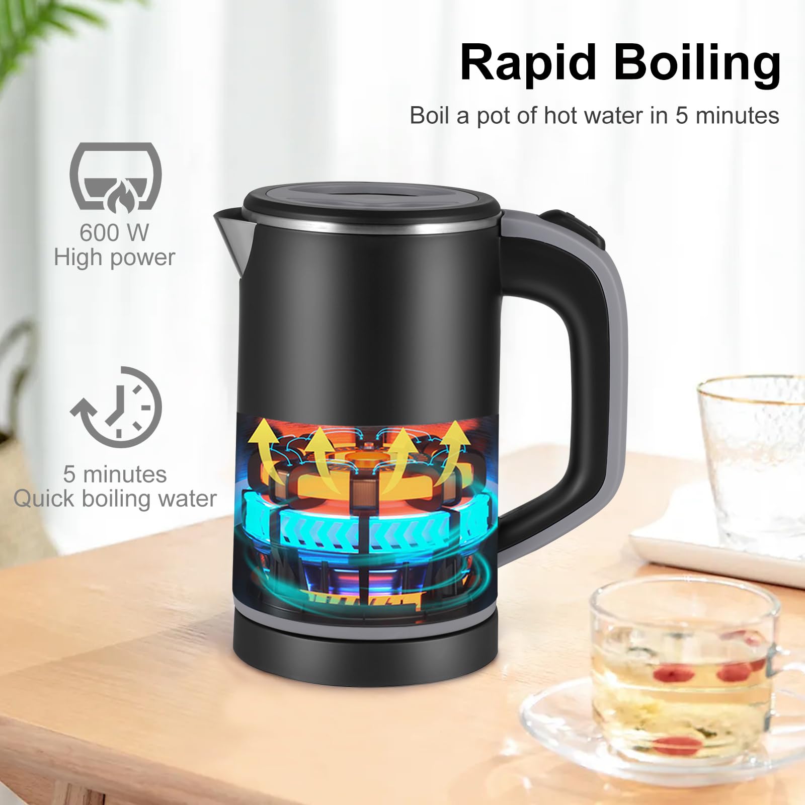 Towwoo 800ML Reisewasserkocher Klein, 600W 5 Minuten Schnelles Kochen Mini Edelstahl Wasserkocher, Überhitzungsschutz Leise Reise Mini Wasserkocher Elektrischer Kettle für Tee Kaffee Babymilch