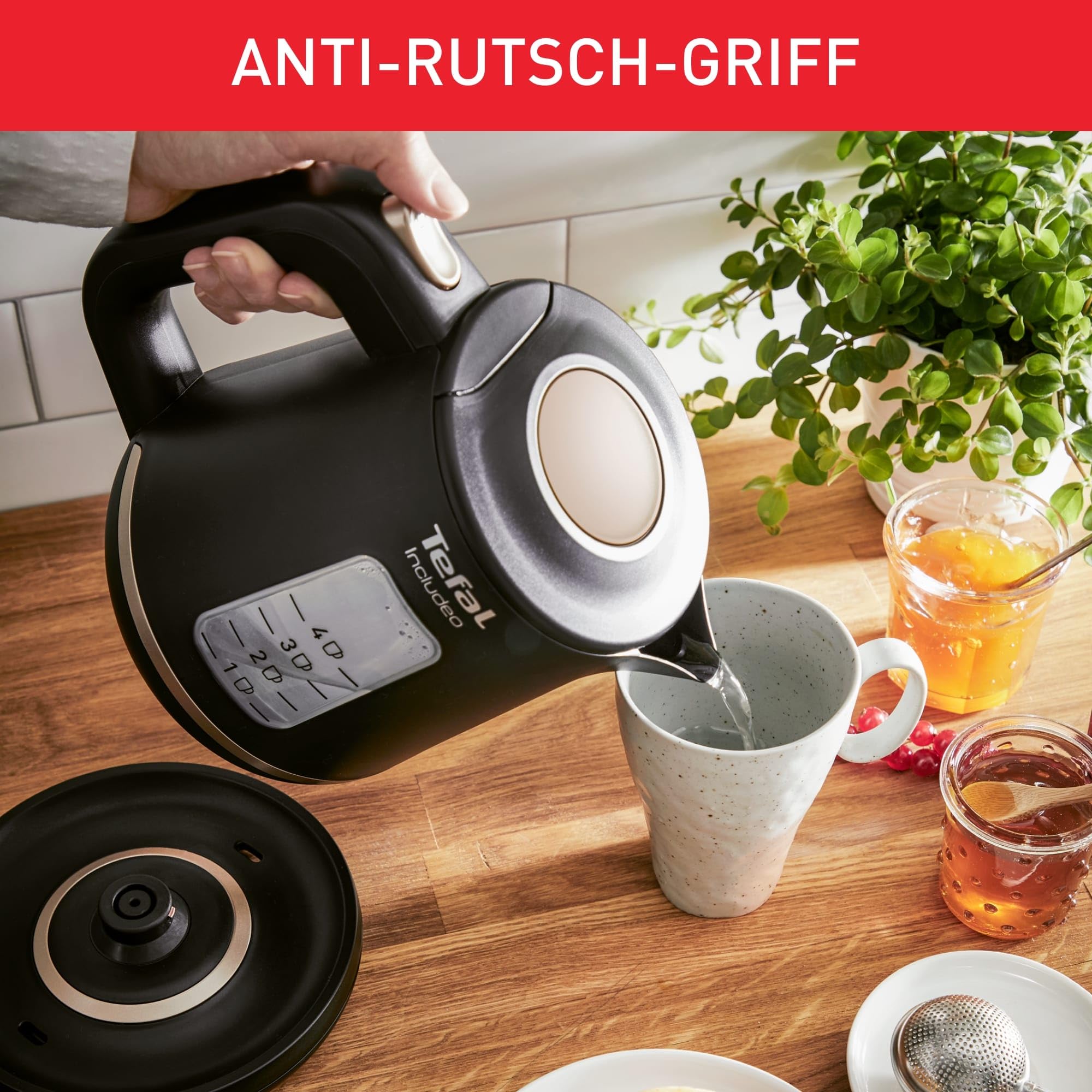 Tefal KI5338 Includeo Wasserkocher, Fassungsvermögen 1 L, Anti-Rutsch-Griff, einfach abzulesende Wasserstandsanzeige, 360°-Drehsockel, herausnehmbarer Filter, 2400 W, 23.3 x 16.6 x 20 cm