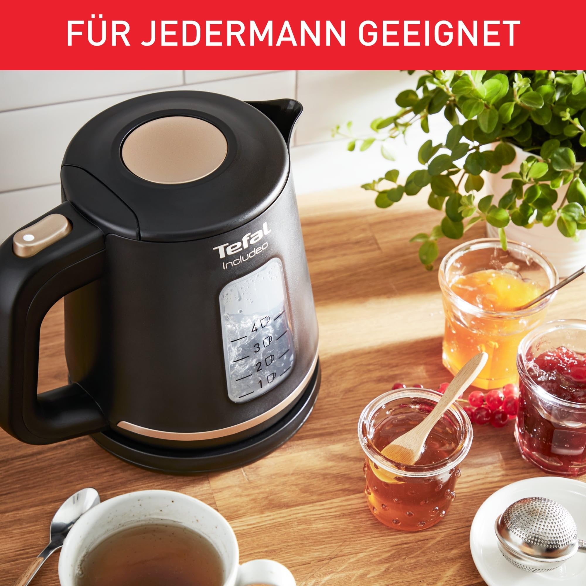 Tefal KI5338 Includeo Wasserkocher, Fassungsvermögen 1 L, Anti-Rutsch-Griff, einfach abzulesende Wasserstandsanzeige, 360°-Drehsockel, herausnehmbarer Filter, 2400 W, 23.3 x 16.6 x 20 cm